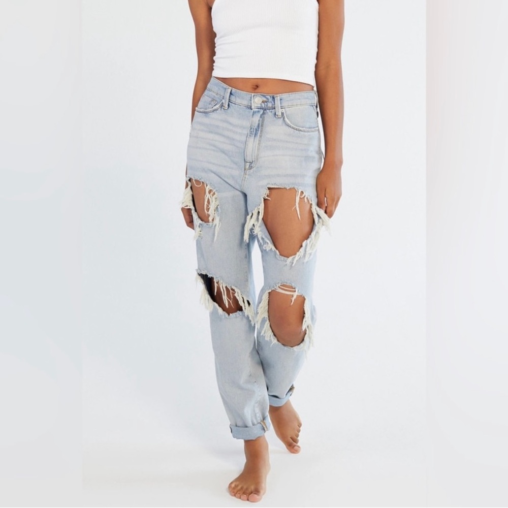 BDG high waitsted mom jeans destroyed light wash